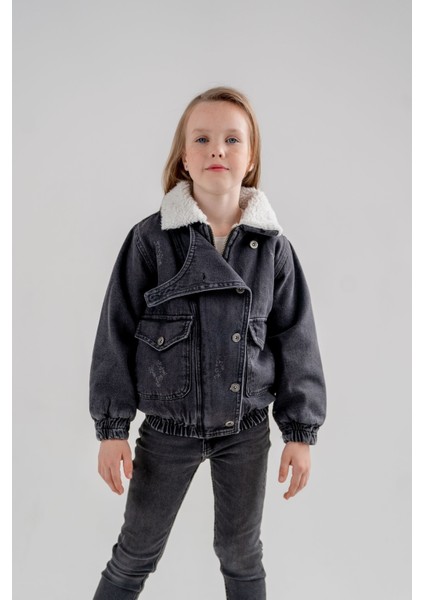 Kız Çocuk Yaka Detaylı Denim Içi Kürklü Mont 1010