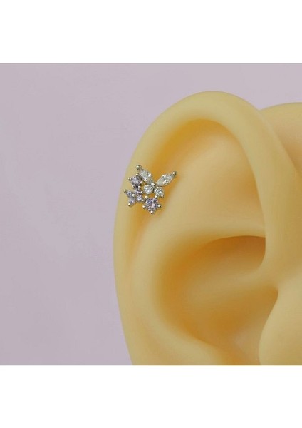 Çiçekli ve Kelebekli Mini Tragus Helix Piercing Kıkırdak Silver Renk Ha