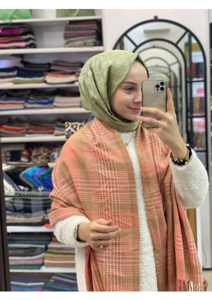 Gül Pembe Sima Kışlık Ekoseli Tüvit Desen Omuz Şalı