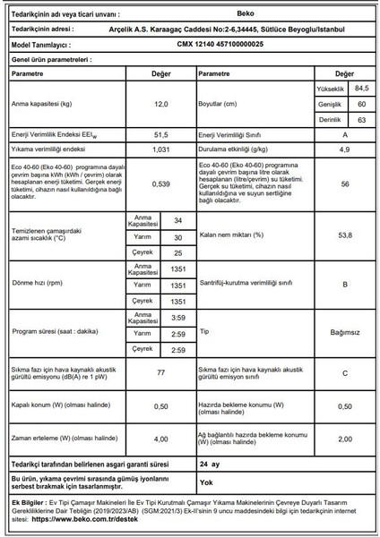 Cmx 12140 A Enerji Sınıfı 12 kg 1400 Devir Çamaşır Makinası