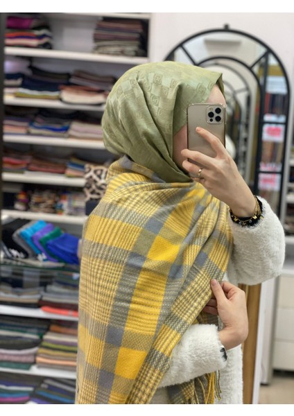 Sarı Sima Kışlık Ekoseli Tüvit Desen Omuz Şalı