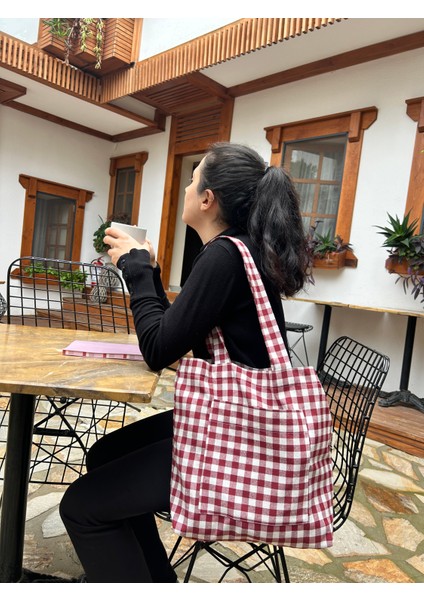 Pötikareli Çevre Dostu Bez Çanta,cepli Keten Kol ve Omuz Çantası,unisex Alışveriş Çantası