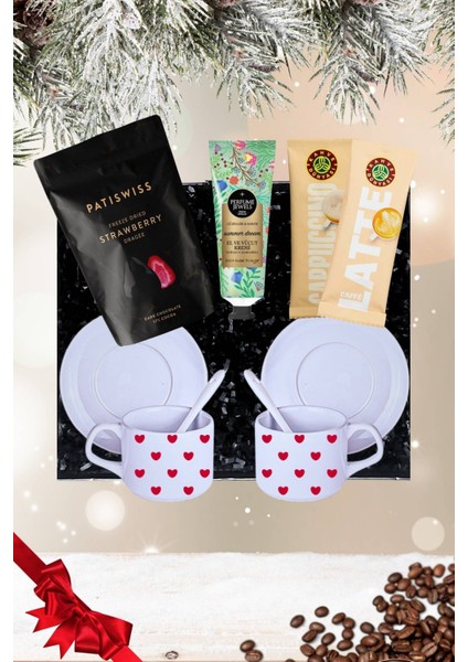 Yılbaşı 2’li Fincan Seti & Bitter Çikolatalı Çilek Draje & Cappuccino Latte Hediye Seti Gift Box-6