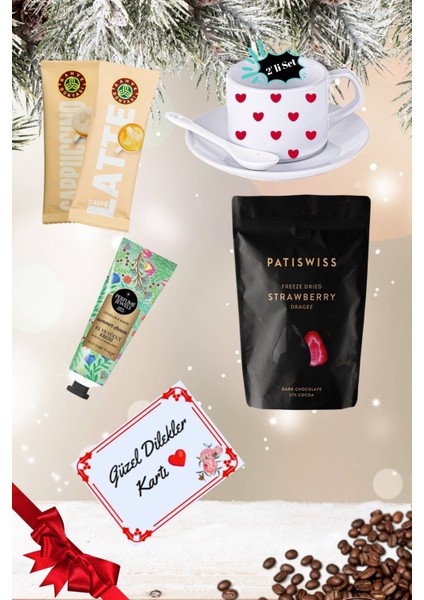 Yılbaşı 2’li Fincan Seti & Bitter Çikolatalı Çilek Draje & Cappuccino Latte Hediye Seti Gift Box-6