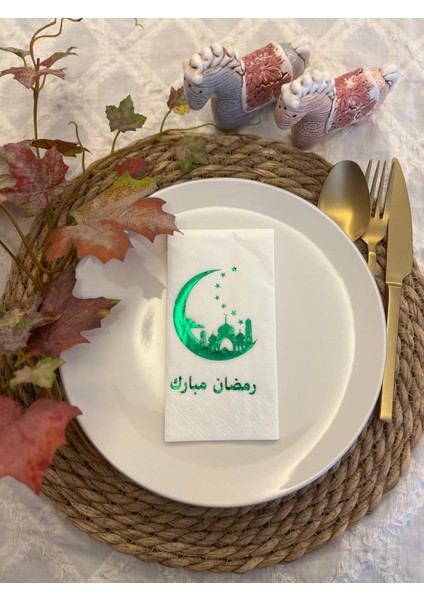 Yeşil Yaldızlı Beyaz Ay Desenli Arapça Ramadan Mubarek Garson Katlama Peçete 16 Lı
