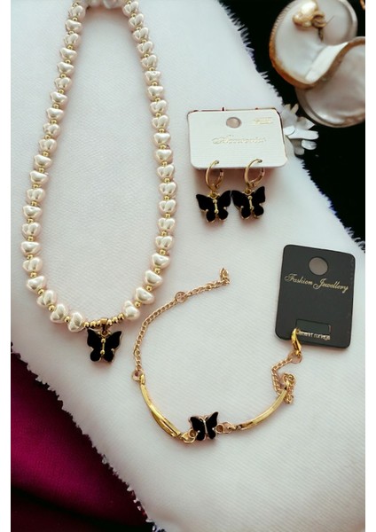 Incili Siyah Kelebekli Kolye Küpe Bileklik Seti Kadın Kolye Küpe Bileklik Incili Kolye Küpe Bileklik