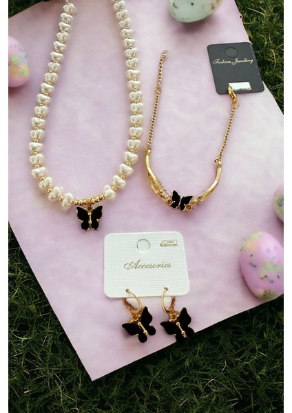 Incili Siyah Kelebekli Kolye Küpe Bileklik Seti Kadın Kolye Küpe Bileklik Incili Kolye Küpe Bileklik fiyatları