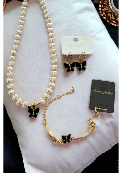 Incili Siyah Kelebekli Kolye Küpe Bileklik Seti Kadın Kolye Küpe Bileklik Incili Kolye Küpe Bileklik modelleri