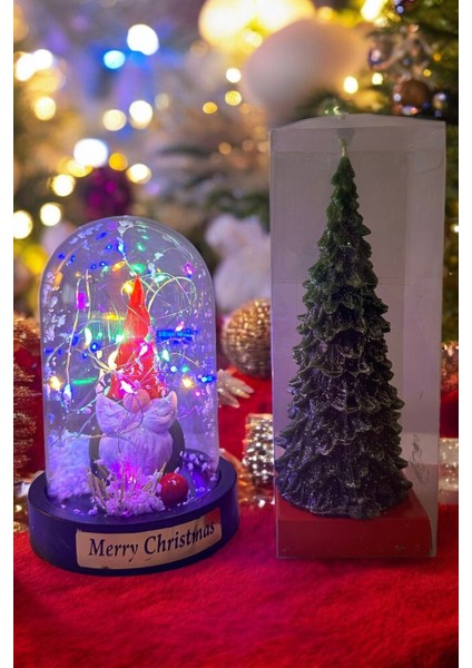 Çam Ağacı Mum ve LED Işıklı Noel Baba Fanus Kutulu Yılbaşı Seti Yılbaşına Özel Hediye Noel Hediyesi