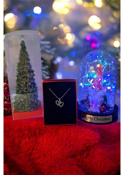 LED Işıklı Noel Baba Fanus Çam Ağacı Mum Zirkon Kalpli Kolye Hediyesi Kutulu Yılbaşı Hediye Seti