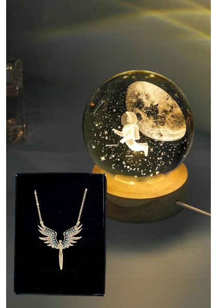 3D LED Işıklı Ahşap Standlı Dolunay Astronot Cam Küre Zirkon Taşlı Melekli Kolye Kar Küresi Hediye 14 Şubat Sevgililer Günü Hediyesi