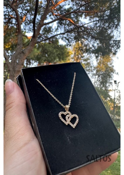 Kalpli Zirkon Taşlı Kolye Gold Renkli Kadın Iki Kalpli Kolye Doğum Günü Hediyesi Arkadaşa Sevgiliye