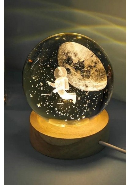 Işıklı Astronot Dolunay Cam Küre Ahşap Stant 3D Dolunay Lamba Usb'li Kristal Top Ay Işıklı Kar Küre modelleri