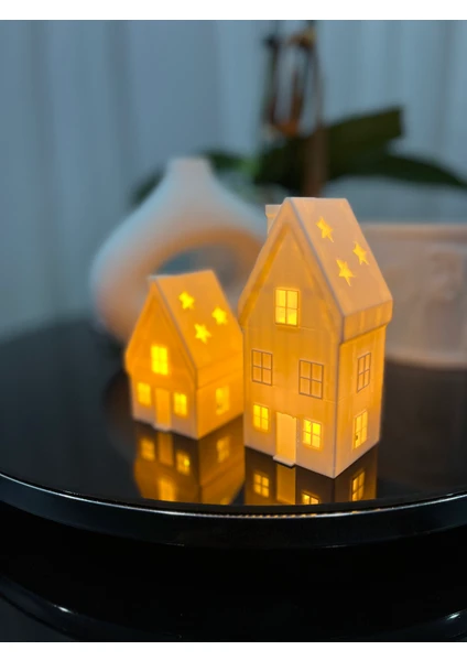 2'li Set Kış Evi, Noel Evi, Yılbaşı Evi Temalı Dekoratif Süs ve Obje, Tealight LED Mumlar Dahil