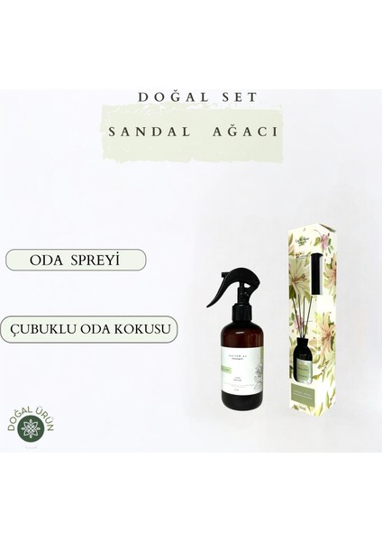 Doğal Sandal Ağacı Sprey Oda ve Çamaşır, Kumaş Kokusu 250 ml ve Çubuklu Bambu Oda Kokusu 50 ml