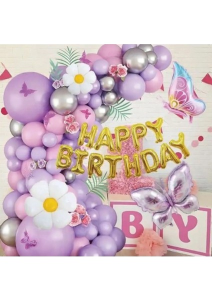 2 Li Kelebek Papatya Folyo Balonlu Happy Bırthday Balon Zincir Doğum Günü Parti Seti Süsü