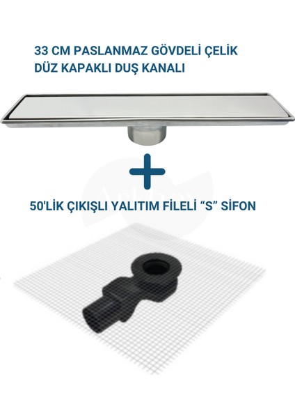 Satine Çelik Gövdeli ve Düz Kapaklı Yalıtım Fileli 50'lik Yandan Çıkışlı "S" Sifonlu Duş Kanalı