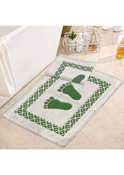 Soffy Krem & Yeşil 2 Adet 50 x 70 cm Banyo Paspası Doğal Pamuk Ayak Paspası Ayak Havlusu