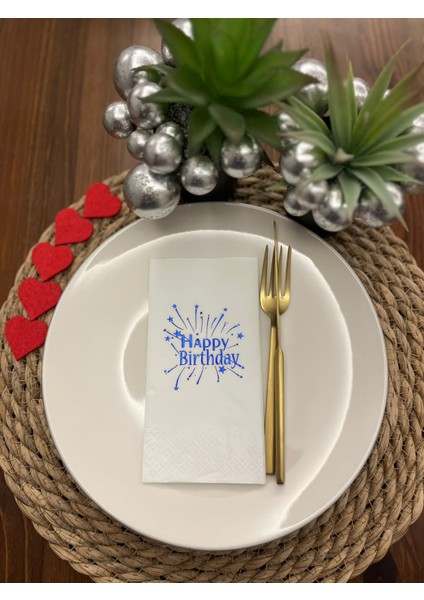 Mavi Yaldızlı Beyaz Happy Bırthday Baskılı Garson Katlama Peçete 16 Lı