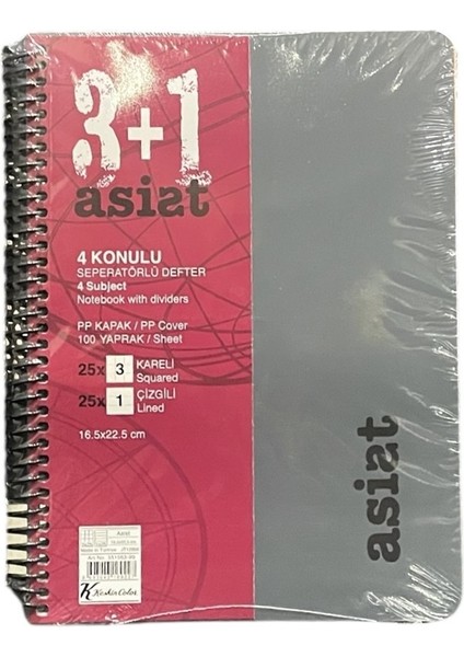 Asist 3+1 Ayraçlı Defter Pp Kapak 16.5x 22.5 cm 100 Yaprak ( 3 Kare+ 1 Çizgili )