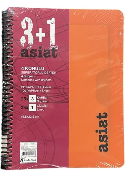 Keskin Color Asist 3+1 Ayraçlı Defter Pp Kapak 16.5x 22.5 cm 100 Yaprak ( 3 Kare+ 1 Çizgili )