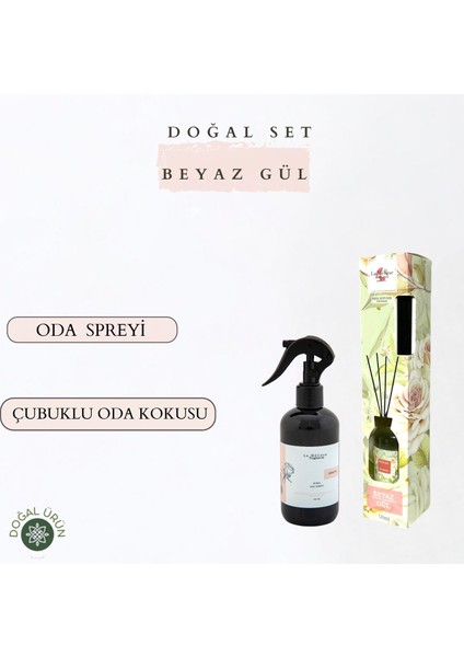 Doğal Beyaz Gül Sprey Oda ve Çamaşır, Kumaş Kokusu 250 ml ve Çubuklu Bambu Oda Kokusu 50 ml