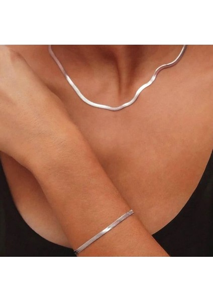 Diğer Gümüş Renk Bileklik Kolye Takım Set İtalyan Ezme Çelik Zincir Kolye Bileklik İkili Set Unisex Ürün