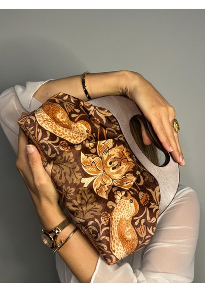 Ramaela - William Morris Design, Ahşap Burslu Çanta, Clutch, El Çantası, Kol Çantası, Omuz Çantası, Çanta