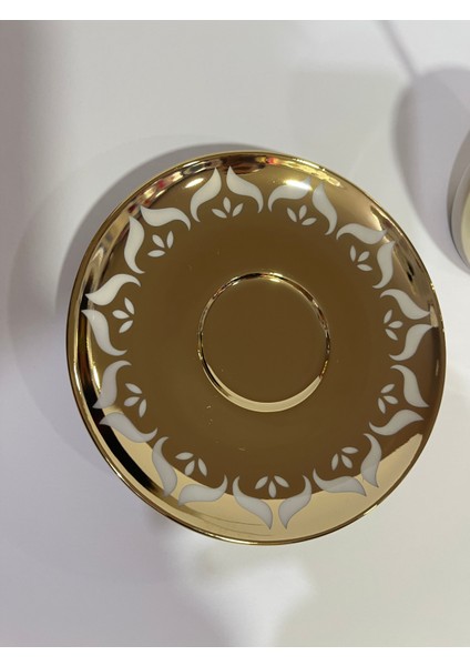 2 Kişilik 6 Parça Aynalı Çay Kahve Fincan Seti Kaşıklı Gold