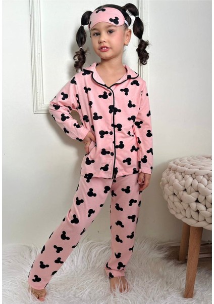 Pjkö Minnie Mause Desenli Pudra Uzun Kollu Önden Düğmeli Kız Çocuk Pijama Takımı 4-12 Yaş 500U-P