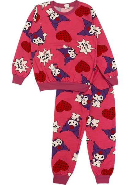 Kız Çocuk Iki Iplik Şardonlu Pembe Kuromi Desenli Uzun Kollu Pijama Takımı