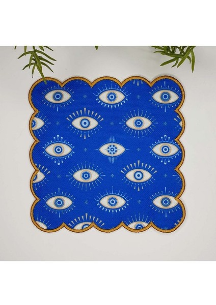 Mavi Zemin Soyut Geometrik Gözler Tasarımlı Nakış Kenar Kumaş Kokteyl Peçetesi 1 Adet