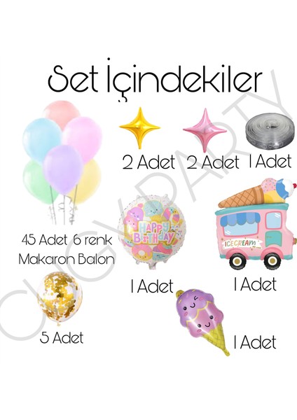 Makaron Renkler Dondurma Arabalı Külah Dondurmalı Yıldızlı Konsept Doğum Günü Süsü Parti