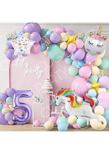 Makaron Balonlar Büyük Unıkorn Atı Yaş Seçenekli Konsept Doğum Günü Süsü Part Seti