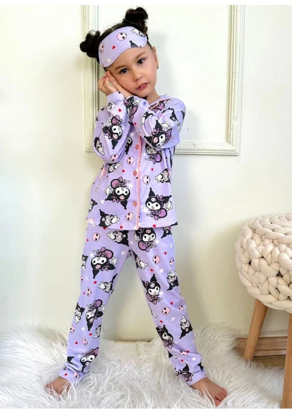 Pjkö Kuromi Desenli Lila Uzun Kollu Önden Düğmeli Kız Çocuk Pijama Takımı 4-12 Yaş 501U-L