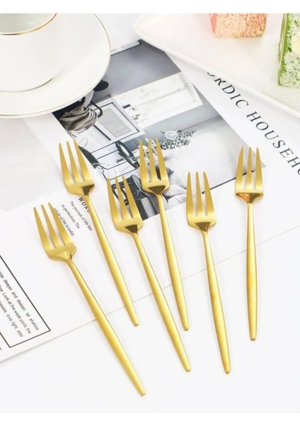 6 Adet Mini Boy Lüx Gold Fondü Çatalı Paslanmaz Çelik 14 cm Tatlı Çatalı