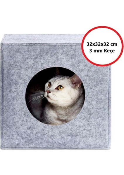 Kedi Evi Yuvası Keçe Açık Gri 3mm Kaliteli Keçe 32x32x32 cm