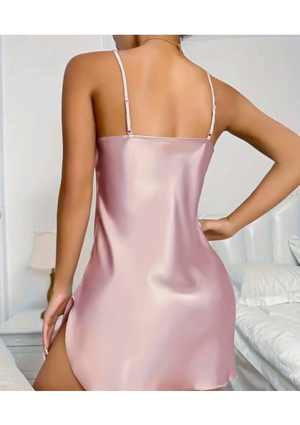 Utsnstore Düz Sade Saten Şık Kadın Pembe Gecelik 455