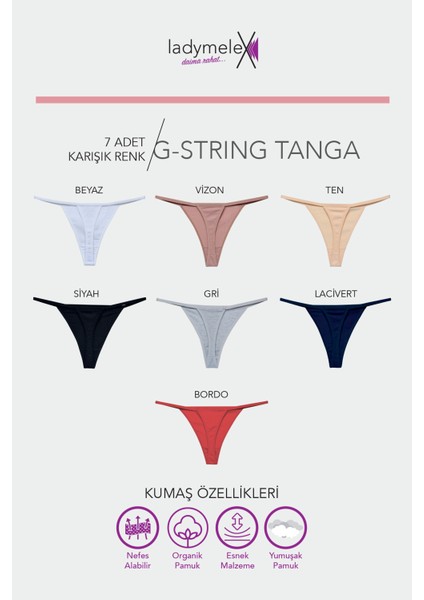 Kadın Tanga, Perfect Fall G String 7 Adet Tanga Külot, Bordo Vizon Lacivert Siyah Beyaz Ten Gri, %100 Yumuşak Kumaş