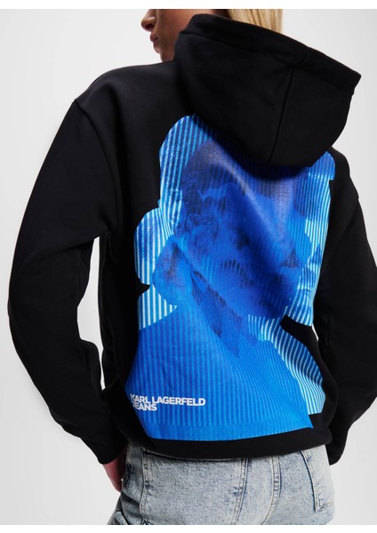 Kapüşon Yaka Baskılı Siyah Kadın Sweatshırt 246J1802