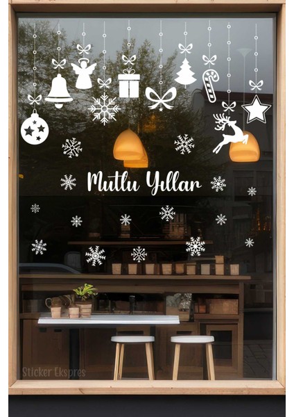 Mutlu Yıllar Yazısı Sarkıtlı Vitrin Yılbaşı Sticker Yeni Yıl Süsü Cam Sticker Seti