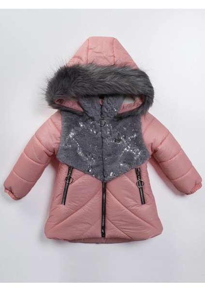 2-9 Yaş Uzun Fermuar Cepli Kapitone Kumaş Kapüşonlu Kışlık Içi Peluş Kız Bebek Çocuk Mont Şişme