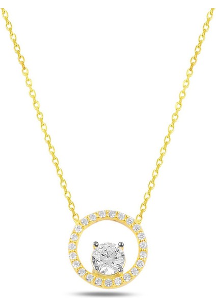 Yuvarlak Zirkon Taşlı Tektaş Bayan Gümüş Kolye Altın Kaplama