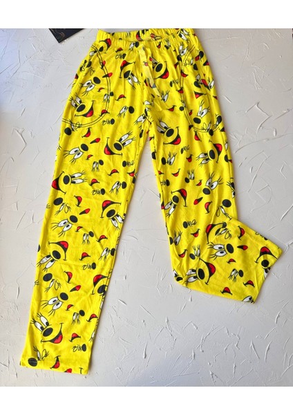 Lindros Twigy Gülen Yüz Baskılı Sarı %100 Pamuk Süet Kışlık Pijama Altı