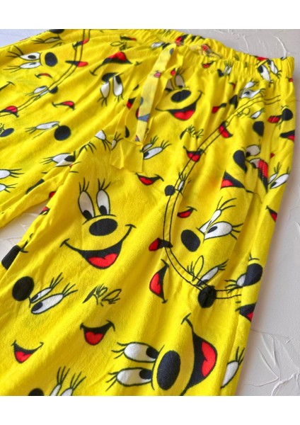 Lindros Twigy Gülen Yüz Baskılı Sarı %100 Pamuk Süet Kışlık Pijama Altı