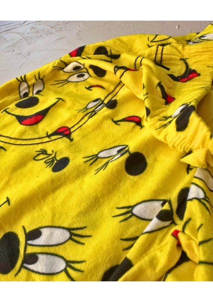 Lindros Twigy Gülen Yüz Baskılı Sarı %100 Pamuk Süet Kışlık Pijama Altı