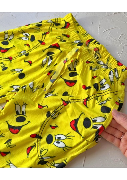 Lindros Twigy Gülen Yüz Baskılı Sarı %100 Pamuk Süet Kışlık Pijama Altı