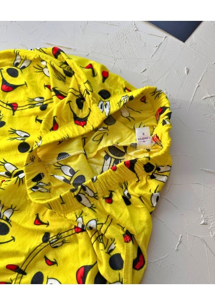 Lindros Twigy Gülen Yüz Baskılı Sarı %100 Pamuk Süet Kışlık Pijama Altı