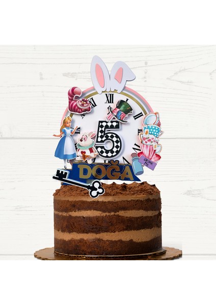 Alice In Wonderland Temalı Kız Çocuk Doğum Günü Isme Özel Pasta Parti Süsü (26X20CM)