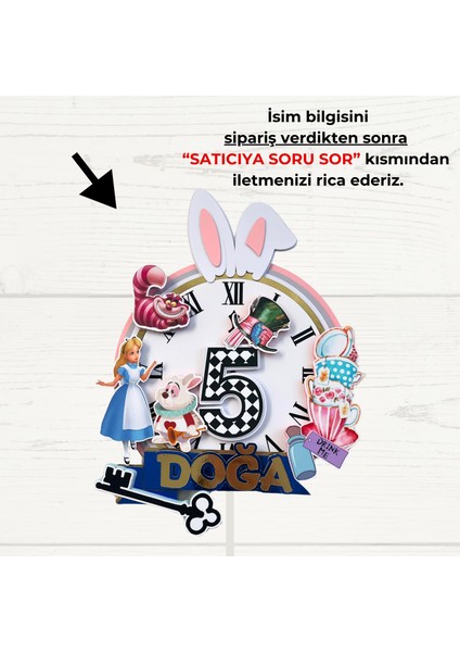 Alice In Wonderland Temalı Kız Çocuk Doğum Günü Isme Özel Pasta Parti Süsü (26X20CM)
